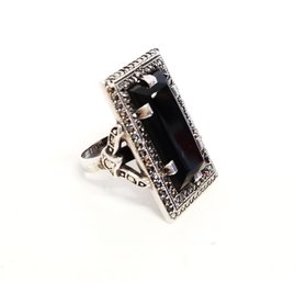 Vintage Sterling Silver Art Deco Marcasite Onyx Gemstone Ring Size 8.5