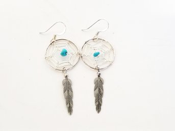 Native American Sterling Silver /turquoise Dream Catcher Earrings NOS