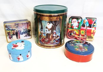 Five Various Sized Christmas Holiday Tins