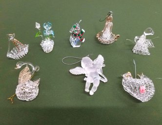 Adorable Set Of Eight Vintage Spun Glass Christmas Tree Ornaments