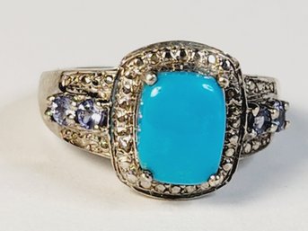 Gorgeous Baby Blue Turquoise Stone With Purple Studs Sterling Silver Ring