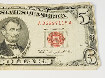 1963 Red Seal $5 Dollar Bill (70 Years Old) U S Bank Note