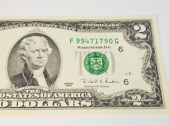 1995 Federal Reserve Note $2 Dollar Crisp Uncirculated Bill