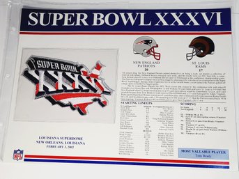 Super Bowl XXXVI 2002  Willabee & Ward Jersey Patch And Score Card -New England Patriots Vs St. Louis Rams