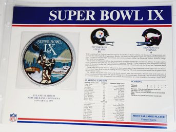 Super Bowl IX  1975  Willabee & Ward Jersey Patch And Score Card - Minnesota Vikings Vs Pittsburgh Steelers