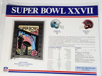 Super Bowl XXVII  Willabee & Ward Jersey Patch And Score Card - Dallas Cowboys  Vs Buffalo Bills 1993