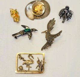 Nice Collection Of Sterling And Silver And Gold Bird Pins Plus Sterling And Marcasite Bird Ring