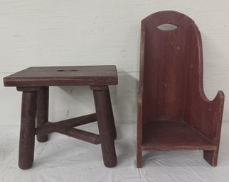 Country Stool And Childs Chair In Red Paint