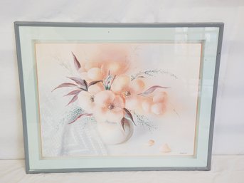 Retro Vintage Framed Peach Floral Still Life Print - Artist Jensen