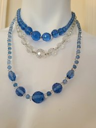 Two Blue And One Clear Vintage Crystal Beaded Necklaces