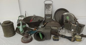 Generous Lot Of Vintage Tin/tole Kitchen Items And Gadgetry