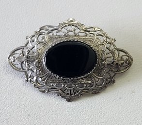 Vintage Sterling Silver Onyx Brooch