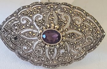 Sterling And Marcasite Victorian Style Vintage Pin With Amethyst Center Stone Stamped On Back