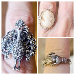 Fed Gimmel Betrothal Ring, Cameo Ring And Peacock Ring
