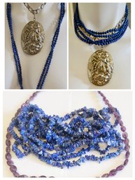 Trio Of Uncut Lapis Necklaces Plus A Rough Cut Amethyst Paired With Silver Tone Floral & Blue Beaded Necklaces