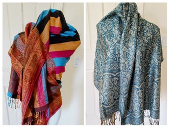 Two Pashminas, Blue And Multi Colored