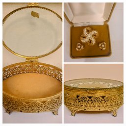 Oval Vintage Filigree Beveled Glass Jewelry Box Plus A Set Of Vintage Pearl And Gold Clip Ons And Pin