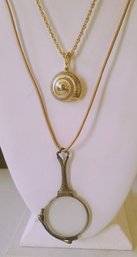 Vintage Opera Glass Necklace Paired With Gold Tone Shell Necklace