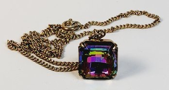 Vintage Gold Tone Necklace With Iridescent Square Pendant