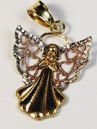Small 14k Yellow Gold Angel With Pink And Silver Wings Pendant