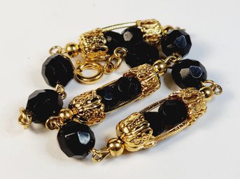 Vintage Gold Tone Black Beaded Bangle Bracelet