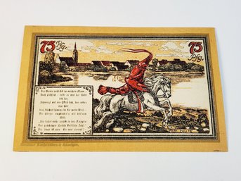 1920s Notgeld 75 Bank Note German German For 'emergency Money' Lobster Riding A Horse