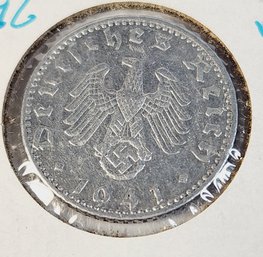 1941  50 Reichspfennig  Germany  3rd Reich Nazi Eagle Swastika  Coin