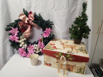 Large Xmas Box With Filler, Wreath, Table Top Tree And Lenox Votive Holder