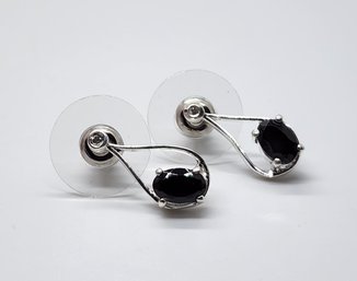 Thai Black Spinel, White Zircon Earrings In Sterling