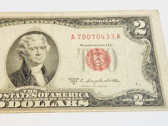 1953 Red Seal $2 Dollar Bill (70 Years Old) U S Bank Note