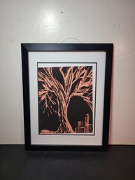 Signed Print - Salmon Colored Tree With City. - - - - -- - - - - - - - - - - - - - - - - - - Loc FR