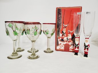 Assorted Holiday Christmas Glassware - Hand Painted Wine & Pair Gorham Santa Winter Follies Champagne Flutes