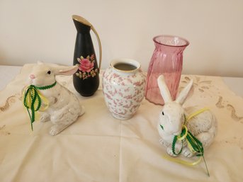 Spring Lot: 2 Rabbits, 1 Pitcher Made In Germany, Pink Vase, Floral Vase