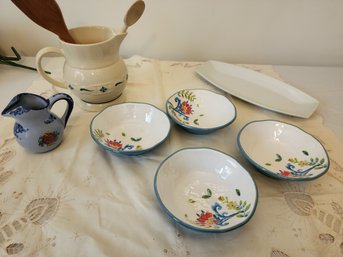 Cynthia Rowley Melamine Bowls, Longaberger Pitcher, Pier 1 Serving Platter, Pitcher