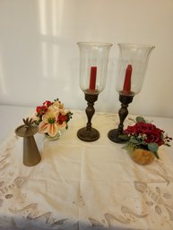 Pair Of Metal Candle Holders, 2 Small Floral Arrangements, 1 Deer Candle Holder