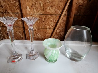 Mikasa Candle Sticks, Clear Vase And Green Vase