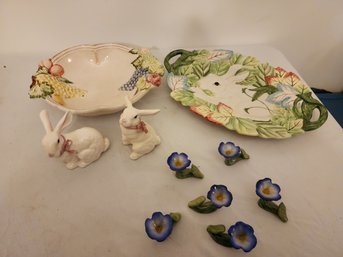 Spring Lot- Bunnies, Vintage Morning Glory Napkin Rings, Rabbit Platter, Bowl