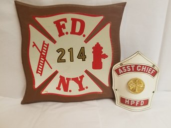 N. Y. Fire Dept 214 Wall Plaque & Assistant Fire Chief Helmet Badge Patch