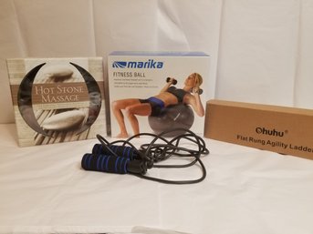 Fitness Work-Out Lot: Agility Ladder, Fitness Ball, Jump Rope & Hot Stone Massage Kit