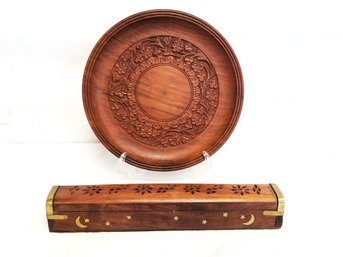 Vintage Sheesham Wood Hand Carved Decorative Plate And Incense Burner Made In India