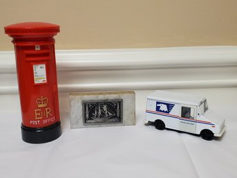 UK Postal Service Desktop Coin Bank, Pewter Stamp On Marble Paperweight & USPS Small Mail Truck