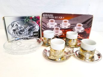 NEW Mikasa Holiday Swan Trinket Dish And Silver Plated Demi-tasse Set Of Four