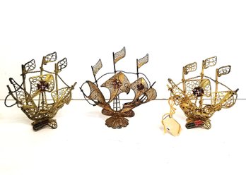 Set Of Three Vintage Miniature Gold Tone Metal Filigree Sailing Ships Made In  Portugal