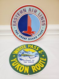 Two Ande Rooney Enamel Painted Reproduction Round Wall Signs - Eastern Air Lines & White Pass & Yukon Route