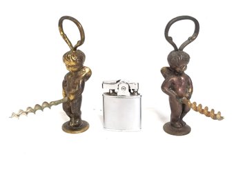 Vintage Ronson's Ladies Princess Lighter And Pair Of Brass Boy Peeing Corkscrew/bottle Openers