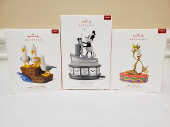 Three Hallmark Keepsake Holiday Disney Ornaments-mine Mine Mine, Steamboat Willie & Be Our Guest