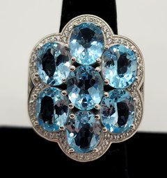 Big Sky Blue Topaz, White Zircon, Rhodium Over Sterling Ring