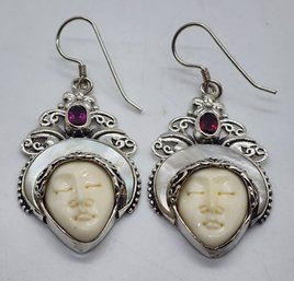 Bali, Carved Bone, Multi-Gemstone Earrings In Sterling