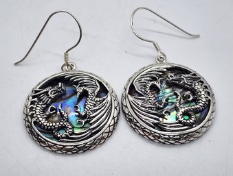 Bali, Abalone Shell Dragon & Phoenix Earrings In Sterling Silver