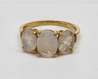 Premium Rainbow Moonstone, Diamond 3 Stone Ring In Yellow Gold Over Sterling